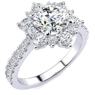 Moissanite Engagement Ring; 1 Carat Round Shape Flower Halo Moissanite Engagement Ring In 14K White Gold
