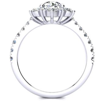 Moissanite Engagement Ring; 1 Carat Round Shape Flower Halo Moissanite Engagement Ring In 14K White Gold