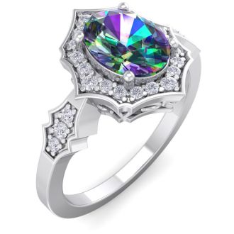 1-1/3 Carat Oval Shape Mystic Topaz Ring And Diamonds In 14 Karat White Gold