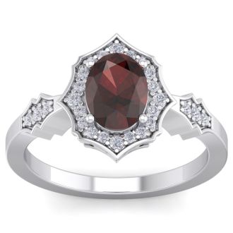 Garnet Ring: Garnet Jewelry: 1 3/4 Carat Oval Shape Garnet and Diamond Ring In 14 Karat White Gold