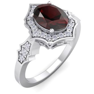 Garnet Ring: Garnet Jewelry: 1 3/4 Carat Oval Shape Garnet and Diamond Ring In 14 Karat White Gold