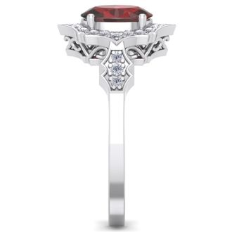 Garnet Ring: Garnet Jewelry: 1 3/4 Carat Oval Shape Garnet and Diamond Ring In 14 Karat White Gold