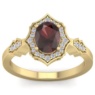 Garnet Ring: Garnet Jewelry: 1 3/4 Carat Oval Shape Garnet and Diamond Ring In 14 Karat Yellow Gold
