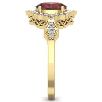 Garnet Ring: Garnet Jewelry: 1 3/4 Carat Oval Shape Garnet and Diamond Ring In 14 Karat Yellow Gold