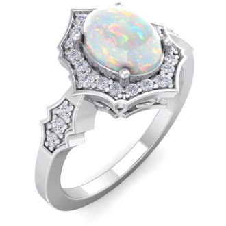 1-1/4 Carat Oval Shape Opal Ring with Diamonds In 14 Karat White Gold