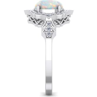 1-1/4 Carat Oval Shape Opal Ring with Diamonds In 14 Karat White Gold