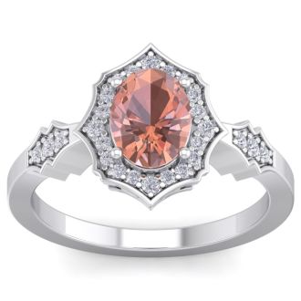 1-1/2 Carat Oval Shape Morganite and Diamond Ring In 14 Karat White Gold