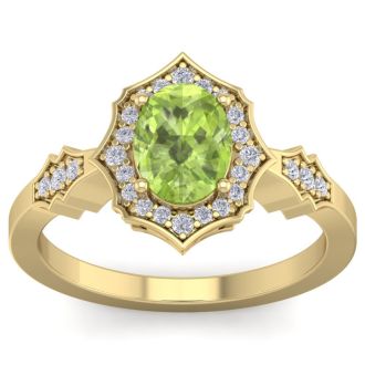 1 1/2 Carat Oval Shape Peridot and Diamond Ring In 14 Karat Yellow Gold