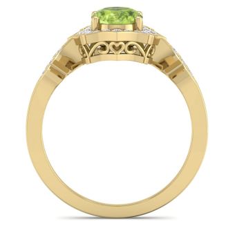 1 1/2 Carat Oval Shape Peridot and Diamond Ring In 14 Karat Yellow Gold