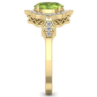 1 1/2 Carat Oval Shape Peridot and Diamond Ring In 14 Karat Yellow Gold
