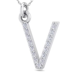 Letter V Diamond Initial Necklace In 14 Karat White Gold With 15 Diamonds