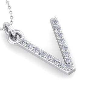 Letter V Diamond Initial Necklace In 14 Karat White Gold With 15 Diamonds