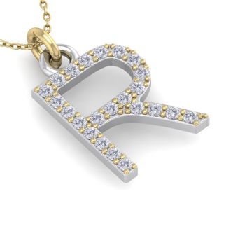 Letter R Diamond Initial Necklace In 14 Karat Yellow Gold With 23 Diamonds