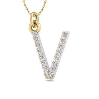 Letter V Diamond Initial Necklace In 14 Karat Yellow Gold With 15 Diamonds