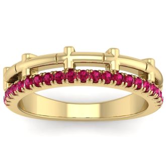 1/3 Carat Ruby Cross Wedding Band In 14 Karat Yellow Gold