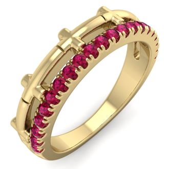 1/3 Carat Ruby Cross Wedding Band In 14 Karat Yellow Gold