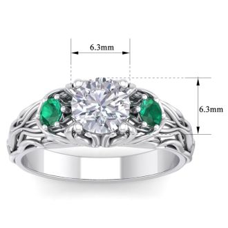 1 1/4 Carat Round Shape Diamond and Emerald Vine Engagement Ring In 14 Karat White Gold
