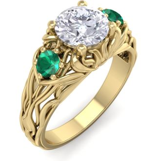 1 1/4 Carat Round Shape Diamond and Emerald Vine Engagement Ring In 14 Karat Yellow Gold