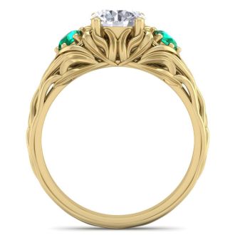 1 1/4 Carat Round Shape Diamond and Emerald Vine Engagement Ring In 14 Karat Yellow Gold