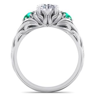 1 1/4 Carat Round Shape Diamond and Emerald Vine Engagement Ring In 14 Karat White Gold