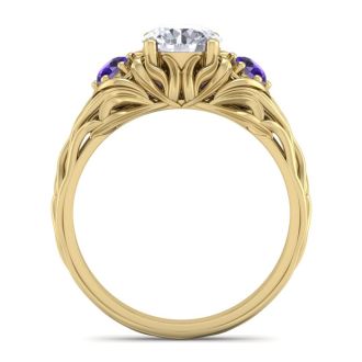 1 1/4 Carat Round Shape Diamond and Amethyst Vine Engagement Ring In 14 Karat Yellow Gold