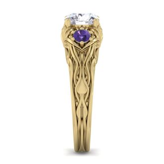 1 1/4 Carat Round Shape Diamond and Amethyst Vine Engagement Ring In 14 Karat Yellow Gold