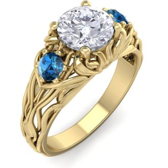 1 1/4 Carat Round Shape Diamond and Blue Diamond Vine Engagement Ring In 14 Karat Yellow Gold