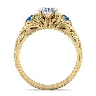1 1/4 Carat Round Shape Diamond and Blue Diamond Vine Engagement Ring In 14 Karat Yellow Gold