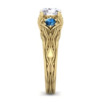 1 1/4 Carat Round Shape Diamond and Blue Diamond Vine Engagement Ring In 14 Karat Yellow Gold