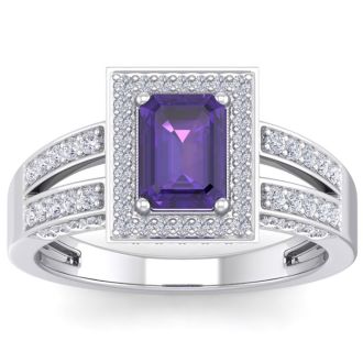 1 1/2 Carat Amethyst and Halo Diamond Ring In 14 Karat White Gold