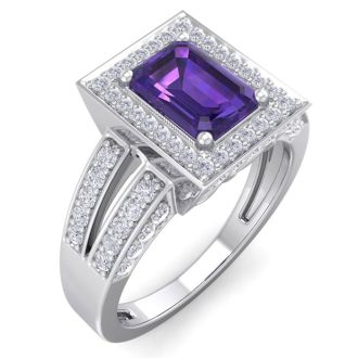 1 1/2 Carat Amethyst and Halo Diamond Ring In 14 Karat White Gold