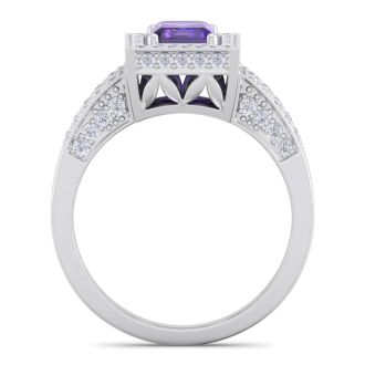 1 1/2 Carat Amethyst and Halo Diamond Ring In 14 Karat White Gold
