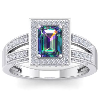 1-1/2 Carat Octagon Shape Mystic Topaz With Diamond Halo In 14 Karat White Gold