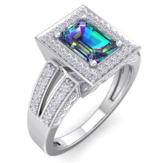 1-1/2 Carat Octagon Shape Mystic Topaz With Diamond Halo In 14 Karat White Gold