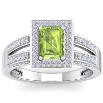 1 3/4 Carat Peridot and Halo Diamond Ring In 14 Karat White Gold