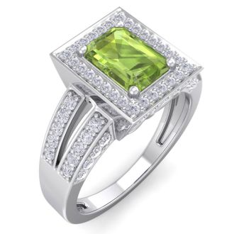 1 3/4 Carat Peridot and Halo Diamond Ring In 14 Karat White Gold