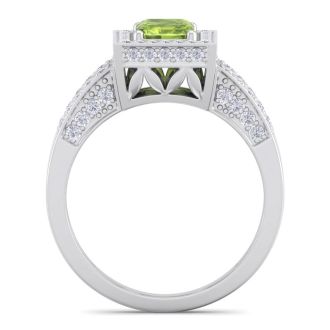 1 3/4 Carat Peridot and Halo Diamond Ring In 14 Karat White Gold