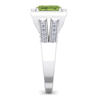 1 3/4 Carat Peridot and Halo Diamond Ring In 14 Karat White Gold
