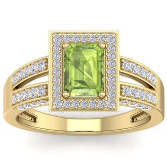 1 3/4 Carat Peridot and Halo Diamond Ring In 14 Karat Yellow Gold