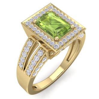 1 3/4 Carat Peridot and Halo Diamond Ring In 14 Karat Yellow Gold