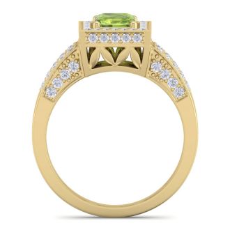 1 3/4 Carat Peridot and Halo Diamond Ring In 14 Karat Yellow Gold