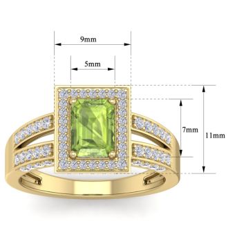 1 3/4 Carat Peridot and Halo Diamond Ring In 14 Karat Yellow Gold