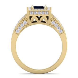 1 3/4 Carat Sapphire and Halo Diamond Ring In 14 Karat Yellow Gold
