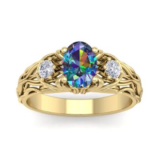 1 Carat Oval Shape Mystic Topaz Ring and Diamonds In 14 Karat Yellow Gold