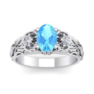 1 1/5 Carat Oval Shape Blue Topaz and Diamond Intricate Vine Engagement Ring In 14 Karat White Gold