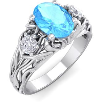1 1/5 Carat Oval Shape Blue Topaz and Diamond Intricate Vine Engagement Ring In 14 Karat White Gold