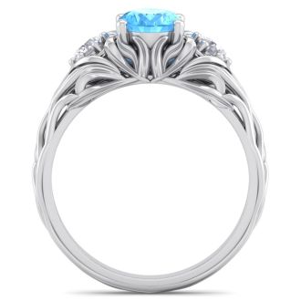 1 1/5 Carat Oval Shape Blue Topaz and Diamond Intricate Vine Engagement Ring In 14 Karat White Gold