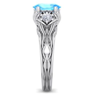 1 1/5 Carat Oval Shape Blue Topaz and Diamond Intricate Vine Engagement Ring In 14 Karat White Gold