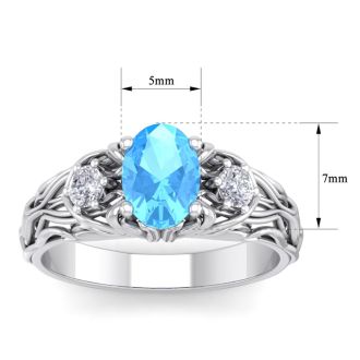 1 1/5 Carat Oval Shape Blue Topaz and Diamond Intricate Vine Engagement Ring In 14 Karat White Gold