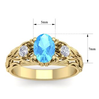 1 1/5 Carat Oval Shape Blue Topaz and Diamond Intricate Vine Engagement Ring In 14 Karat Yellow Gold
